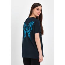 MRS Clothing Butterfly Lacivert Kadın Oversize Geniş Kalıp Bisiklet Yaka Baskılı Kısa Kollu T-Shirt