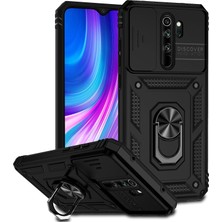 Eabhulie Xiaomi Redmi Note 8 Pro Için Halka Ayaklı ve Kayar Kamera Kapaklı Telefon Kılıf - Siyah (Yurt Dışından)