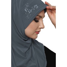 ELYSIANfidan Takmatik Taşlı El Işi Boncuk Işlemeli Koyu Gri Hazır Türban Tesettür Bone Namaz Örtüsü