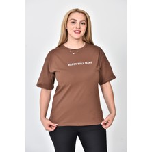 Zeren Moda Kadın Happy Baskılı  Oversize T-Shirt