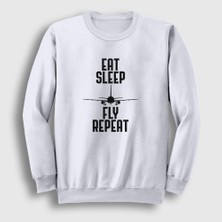 Presmono Unisex Beyaz Eat Sleep Fly Repeat Pilot Airplane Uçak Sweatshirt