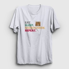 Presmono Unisex Beyaz Eat Sleep Backgammon Repeat Tavla T-Shirt