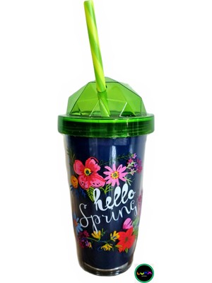 Ala Luna Desenli Çift Kat Pipetli Bardak-Hello Spring 540 ml Desenli-Cift-Kat-Pipetli-Bahar Luna-Hello Sprıng