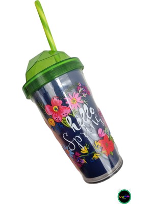 Ala Luna Desenli Çift Kat Pipetli Bardak-Hello Spring 540 ml Desenli-Cift-Kat-Pipetli-Bahar Luna-Hello Sprıng