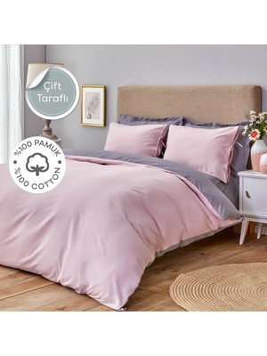 EC Shop Sheri Home Çift Kişilik Nevresim Seti Gül Kurusu Koyu Gri %100 Pamuk 200X220 Çift Taraflı Desenli