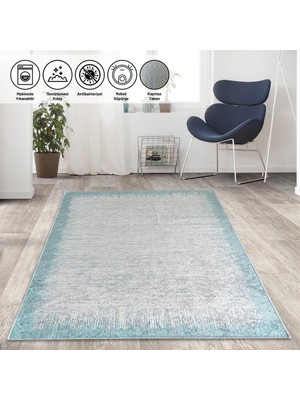 Carpettex Modern Abstrak Yağmur Bordür Desenli Turkuaz Beyaz Halı Kaymaz Taban Makinada Yıkanabilir