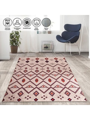 Carpettex Iskandinav Kilim Tarzı Bej Kırmızı Tonlarda Halı Kaymaz Taban Makinada Yıkanabilir