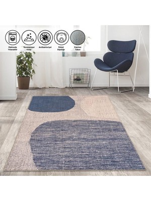 Carpettex Modern Abstrak Geometri Desenli Mavi Bej Halı Kaymaz Taban Makinada Yıkanabilir