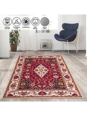 Carpettex Klasik Iran Tarzı Barok Desenli Kırmızı Krem Halı Kaymaz Taban Makinada Yıkanabilir