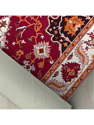 Carpettex Klasik Iran Tarzı Barok Desenli Kırmızı Krem Halı Kaymaz Taban Makinada Yıkanabilir