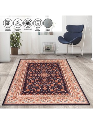 Carpettex Klasik Barok Iran Tarzı Desenli Siyah Bej Halı Kaymaz Taban Makinada Yıkanabilir