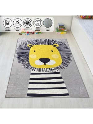 Carpettex Çocuk Bebek Halısı Sevimli Aslan Desenli Gri Halı Yıkanabilir Kaymaz Taban