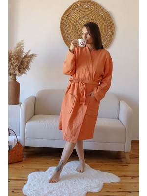 Vivamaison Yetişkin Kimono Bornoz, %100 Pamuk 4 Kat Multi Müslin Terracotta