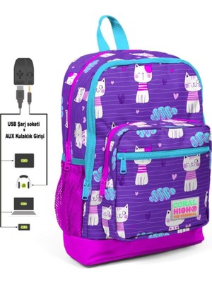 EKS Ticaret Coral High Kids Desenli Dört Bölmeli USB Şarjlı Kulaklık Çıkışlı Okul Sırt Çantası