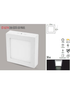 Cata CT-5274 30W/6400K Alm. S.ü LED Armatür Kare (Beyaz)