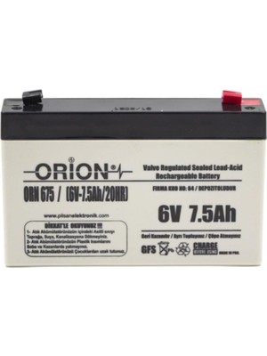 Orion 6V 7.5AH Bakımsız Kuru Akü 6V Voltajlı Yüksek Performanslı Pil Tipi