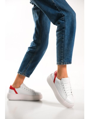 Mubiano Hakiki Deri MB6303-BK Kadın Kalın Taban Kırmızı Beyaz Sneaker & Spor Ayakkabı