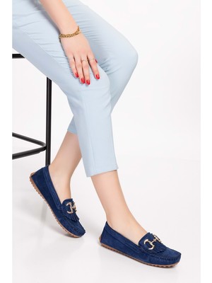Gondol Hakiki Deri Süet Esnek Hafif Rahat Loafer SW.755 - Lacivert - 41