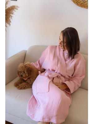 Vivamaison Yetişkin Kimono Bornoz, %100 Pamuk 4 Kat Multi Müslin Pembe