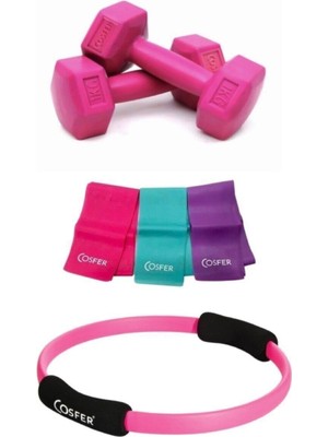 Cosfer Pilates Direnç Lastiği Seti 3'lü Renkli 90 x 7,5 cm Dambıl ve Çember ile