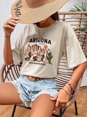 Trendseninle Kadın Arizona Wilderness Baskılı Oversize T-Shirt