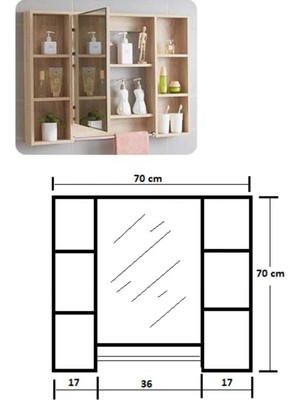 Azzuri Furniture Aynalı Havlu Askılıklı 8 Bölmeli Açık Raflı 1 Kapaklı Asma Banyo Dolabı 70X70CM