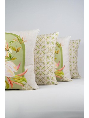 Cango Home Çift Taraflı Yeşil Krem Dekoratif Çiçek Desenli 4'lü Dijital Baskılı Kırlent Kılıfı Seti 4KMBS263-CT
