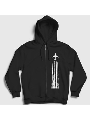Presmono Unisex Siyah Contrail Pilot Airplane Uçak Fermuarlı Kapüşonlu Sweatshirt