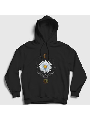 Presmono Unisex Siyah Daisy Papatya Sun Moon Güneş Ay Kapüşonlu Sweatshirt