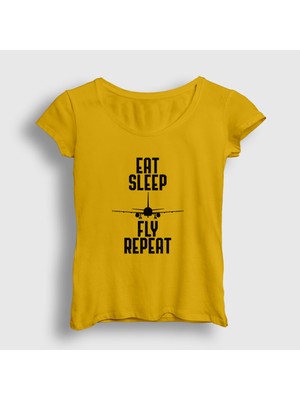 Presmono Kadın Sarı Eat Sleep Fly Repeat Pilot Airplane Uçak T-Shirt