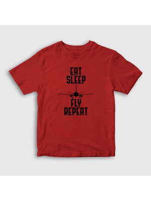 Presmono Unisex Çocuk Kırmızı Eat Sleep Fly Repeat Pilot Airplane Uçak T-Shirt