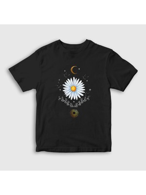 Presmono Unisex Çocuk Siyah Daisy Papatya Sun Moon Güneş Ay T-Shirt