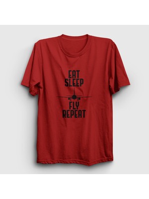 Presmono Unisex Kırmızı Eat Sleep Fly Repeat Pilot Airplane Uçak T-Shirt