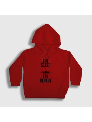 Presmono Unisex Çocuk Kırmızı Eat Sleep Fly Repeat Pilot Airplane Uçak Kapüşonlu Sweatshirt
