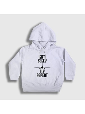 Presmono Unisex Çocuk Beyaz Eat Sleep Fly Repeat Pilot Airplane Uçak Kapüşonlu Sweatshirt