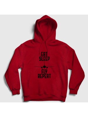 Presmono Unisex Kırmızı Eat Sleep Fly Repeat Pilot Airplane Uçak Kapüşonlu Sweatshirt