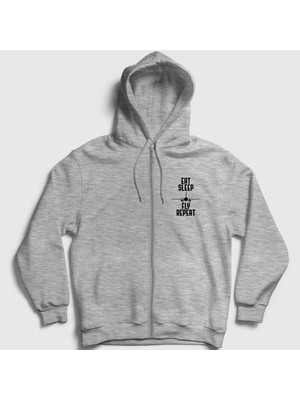 Presmono Unisex Gri Eat Sleep Fly Repeat Pilot Airplane Uçak Fermuarlı Kapüşonlu Sweatshirt
