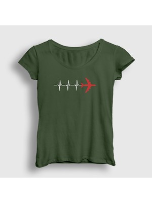Presmono Kadın Haki Heartbeat Pilot Airplane Uçak T-Shirt