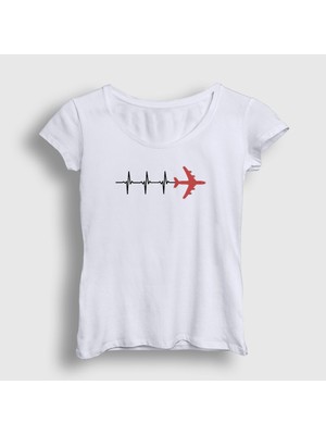 Presmono Kadın Beyaz Heartbeat Pilot Airplane Uçak T-Shirt