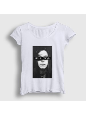 Presmono Kadın Beyaz Hello Friend Hacker Mr Robot T-Shirt