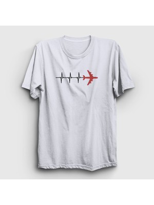 Presmono Unisex Beyaz Heartbeat Pilot Airplane Uçak T-Shirt