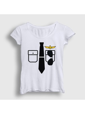 Presmono Kadın Beyaz Kaptan Pilot Airplane Uçak T-Shirt