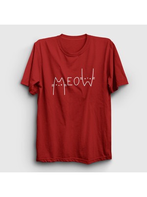 Presmono Unisex Kırmızı Meow Cat Kedi T-Shirt
