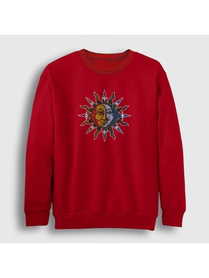 Presmono Unisex Kırmızı Mosaic Sun Moon Güneş Ay Sweatshirt