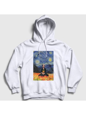 Presmono Unisex Beyaz Starry Night Frida Kahlo Kapüşonlu Sweatshirt