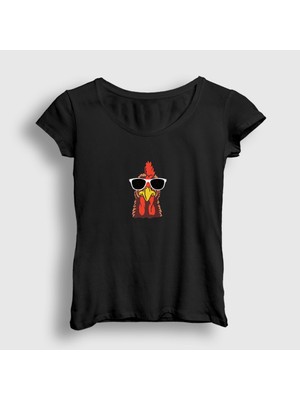 Presmono Kadın Siyah Sunglasses Chicken Tavuk T-Shirt