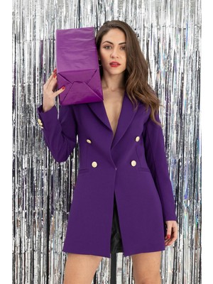 Modda Giyim Kadın - Omuzları Vatkalı Önü Çıtçıtlı Atlas Kumaş Kadın Blazer Ceket - Mor