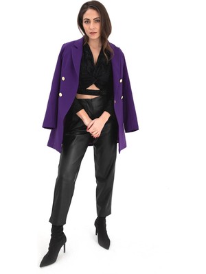 Modda Giyim Kadın - Omuzları Vatkalı Önü Çıtçıtlı Atlas Kumaş Kadın Blazer Ceket - Mor