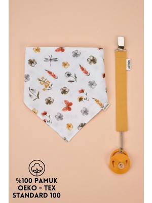 e&f Store Organik Sertifikalı Çift Katlı Müslin Kumaş Mama Önlüğü ve %100 Pamuk Sarı Emzik Askısı Seti