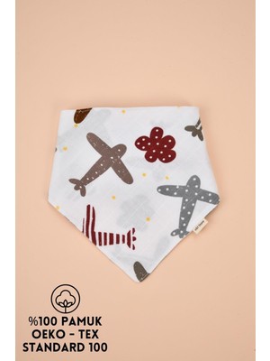 e&f Store Organik Sertifikalı Çift Katlı Müslin Kumaş - Iki Çıtçıtlı Bebek Salya Önlük / Fular - Uçak Desenli